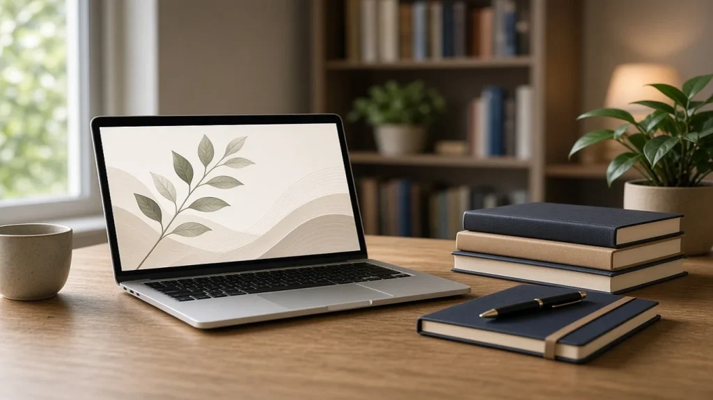 Professional eBook writing services showing laptop with manuscript and icons for writing, editing, research, design, and publishing