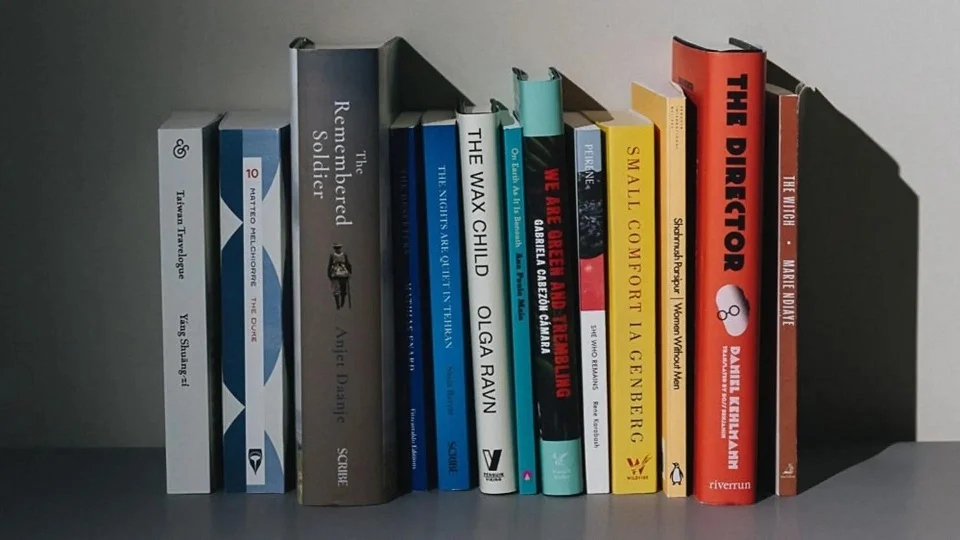 Collection of contemporary literary fiction books arranged on a bookshelf